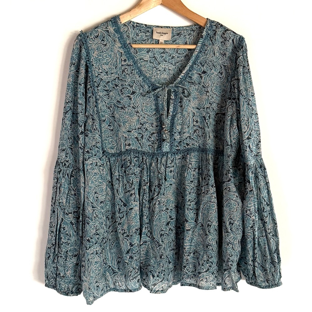 Haute Hippie Tribe Avery Blue Paisley Tie Neck Peasant Boho Blouse